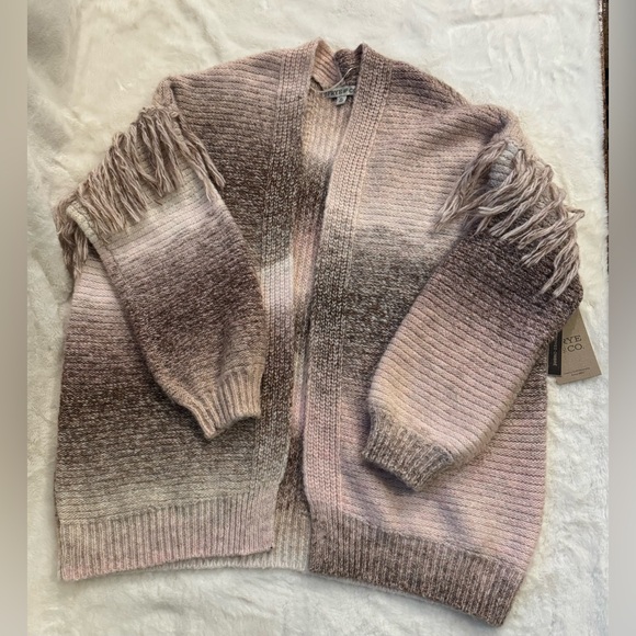 Frye and Co. Pink & Brown Ombre, Wool Blend, Cozy Knit Fringe Sweater Cardigan - Picture 14 of 14